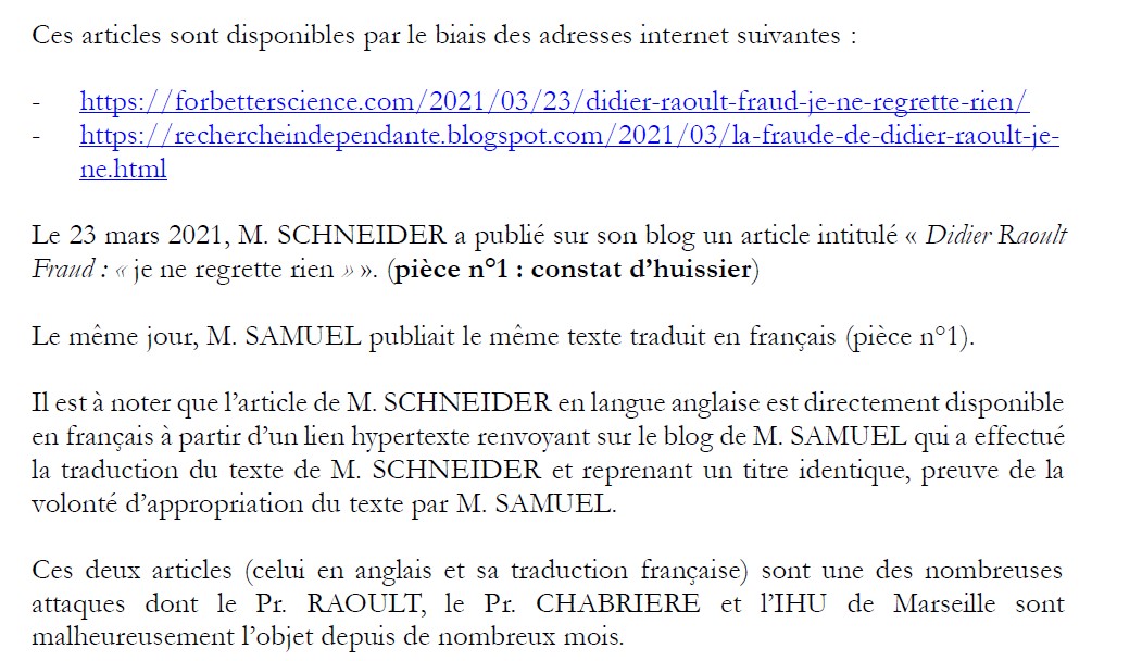 Extrait de la plainte déposée par IHU/Eric Chabriere