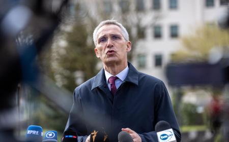 Le secrétaire général de l'Otan, Jens Stoltenberg, le 21 avril 2023 à la base américaine de Ramstein